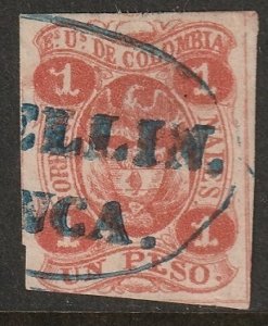 Colombia 1867 Sc 49a used Medellin cancel large thin vermilion