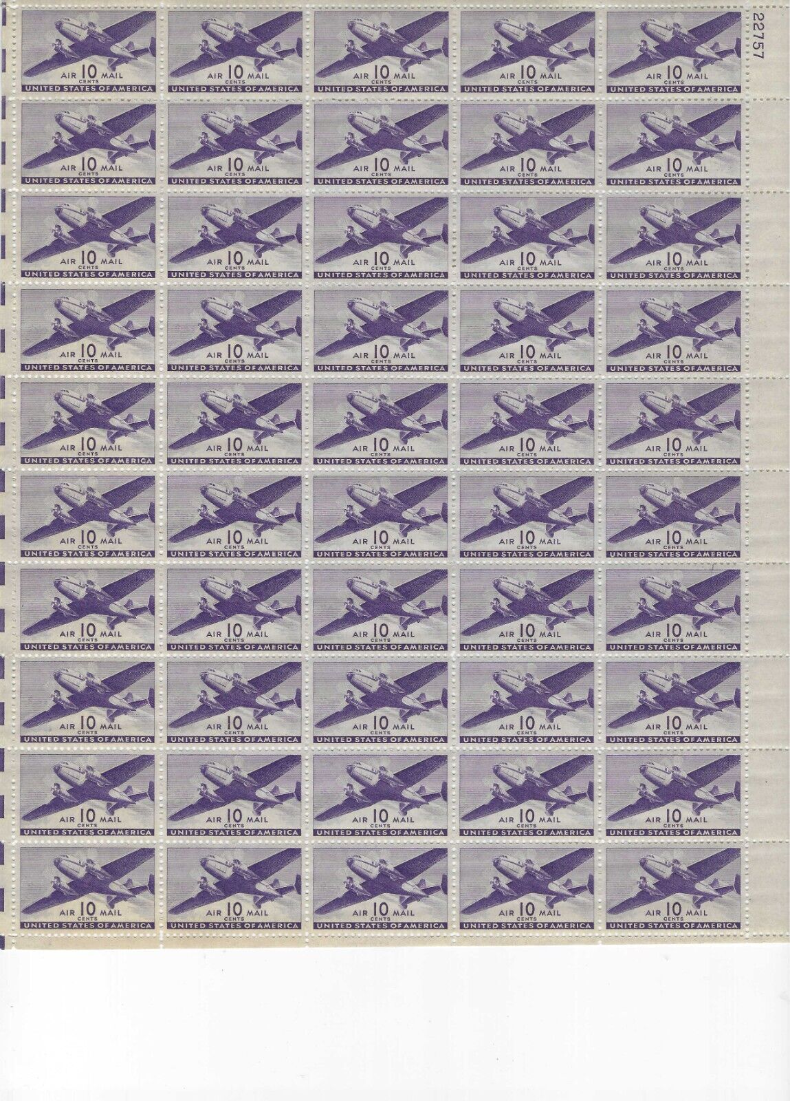 Full Sheet WW2 Airmail 10c (C27) MNH 55 United States, Stamp / HipStamp