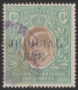 EAST AFRICA & UGANDA 1905 'JUDICIAL FEE' on KEVII 4R wmk crown CC. revenue. Rare