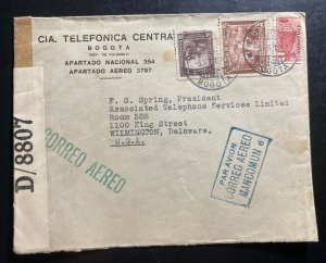 1942 Bogota Colombia Censored Airmail Cover To Wilmington DL USA Commercial