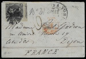 Scott #77 - $300.00 – VG – 1867 Short Paid cover to France. Showpiece!