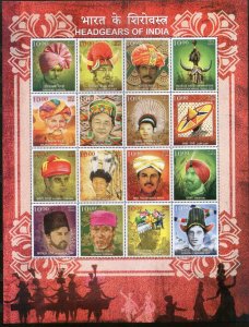 India 2017 Headgears of India Regional Caps Costume Culture Sheetlet of 16 MNH