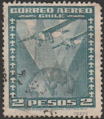 Chile #C100 1944 2p Airmail Two Planes over Globe Average USED.