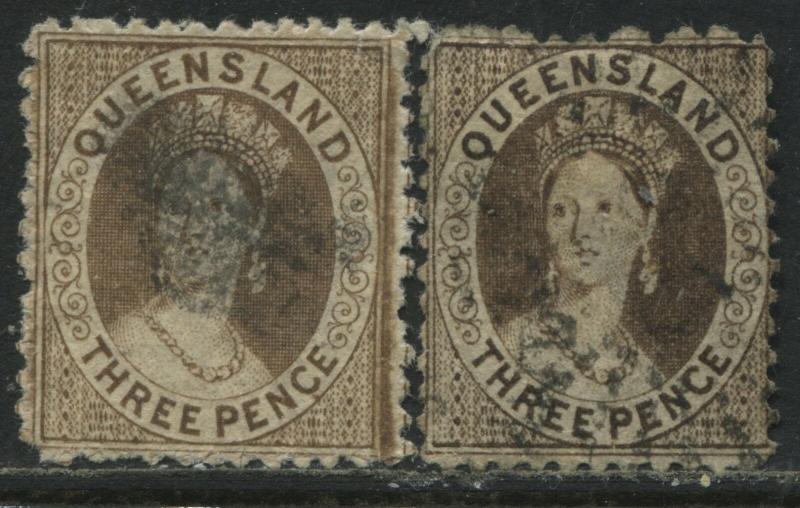 Queensland QV 1876 3d brown 2 distinct shades used