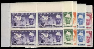 Guinee #170-174 Cat$28, 1959 Independence, complete set in blocks of four, ne...