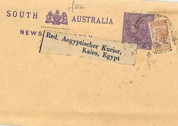 J293 1890s SOUTH AUSTRALIA Stationery Wrapper Uprated Halfpenny EGYPT Cairo 