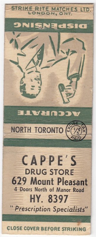 Canada Revenue 1/5¢ Excise Tax Matchbook CAPPE'S DRUG STORE Toronto