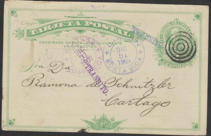 O) 1907 COSTA RICA, POSTAL STATIONARY, COLON 2 CENTIMOS GREE