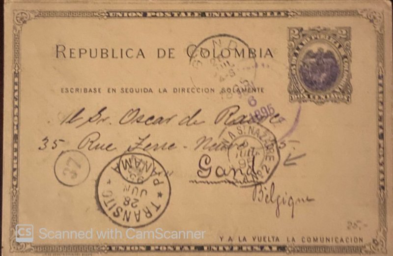 O) 1905 COLOMBIA, COAT OF ARMS 2c lilac, 37 BELGIUM RECEPTION, TRANSIT PANAMA,