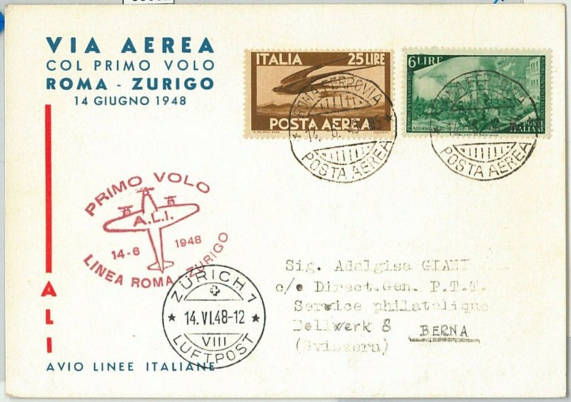 60082 - ITALY - POSTAL HISTORY - AVIATION: First Flight CARD 1948: ROME-ZURICH-