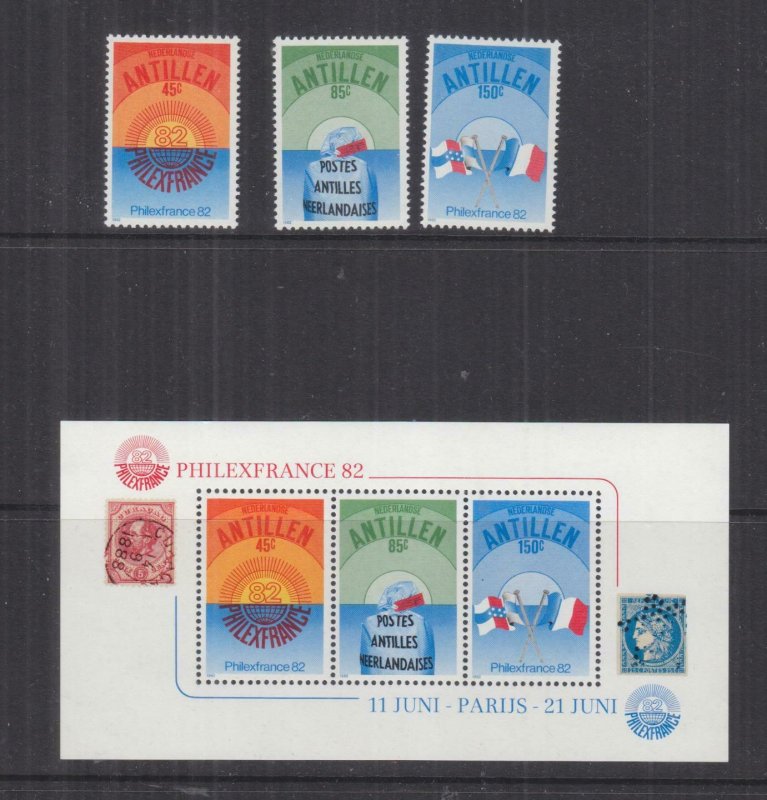 NETHERLANDS ANTILLES, 1982 PhilexFrance Exhib. set of 3 & Souvenir Sheet, mnh. 