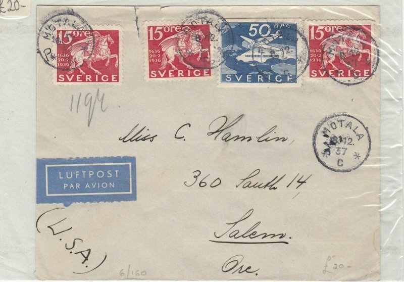 Sweden To USA 1937 Stamps Cover Ref: R7963