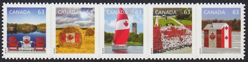 CANADIAN PRIDE, FLAG = .63c DIE CUT strip of 5 stamps = Canada 2013 #2697i MNH