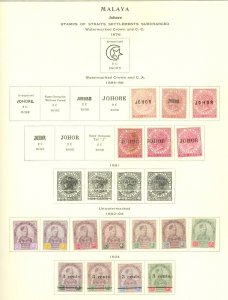 Malayan States Johore 1884-1955. Mint selection on 6 printed album leaves...