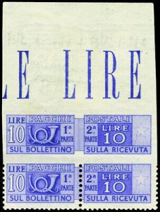 Postal parcels 10 Lire not perforated at the top - variety