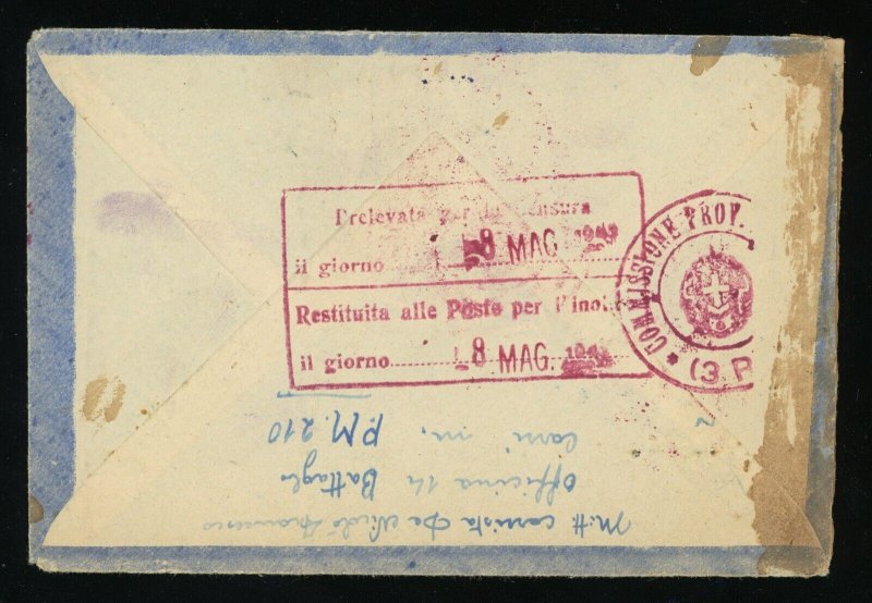 Italy 1943 Military Mail Airmail Cover w Letter Censor Postmark WWII Europe
