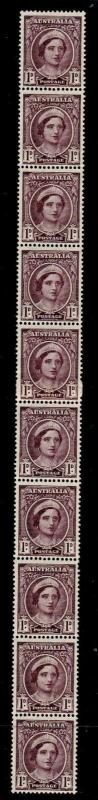 AUSTRALIA SG203a 1944 1d BROWN PURPLE STRIP OF 5 COIL PAIRS MNH