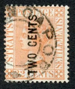 Straits Settlements SG59 2c (type 20a) on 32c Pale red Cat 250 Pounds