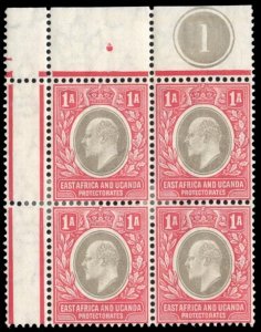 East Africa and Uganda #18 Cat$64, 1904 1a carmine and black, plate block of ...