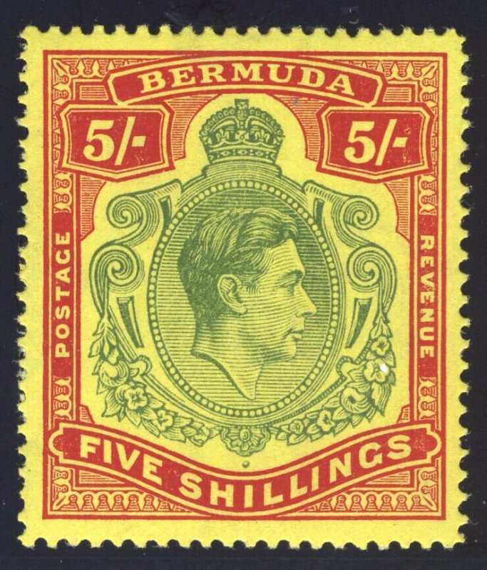 Bermuda 1942 KGVI 5s dull yellow-green & red/yellow (p14¼-CH) MNH. SG 118b.