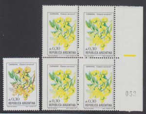 ARGENTINA 1985-88 FLOWER Sc 1522 UNRECORDED BLOCK OF 4 WITH BROWN COLOR OMITTED 