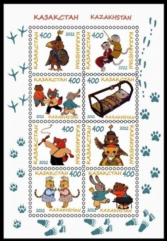 KAZAKHSTAN 2022-18 Fauna Cartoon. Animal pets. Blue Footprints. Mini-Sheet, MNH