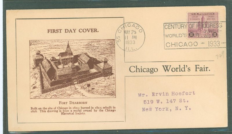 US 729 1933 3c chicago century of progress on an addressed, typed first day cover with a cachet, planty 729-49