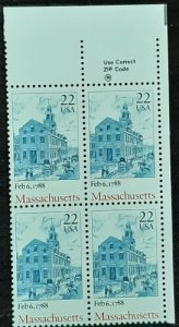 US Scott # 2341; 22c Mass. zip block of 4; MNH, og; from 1988;VF/XF centering