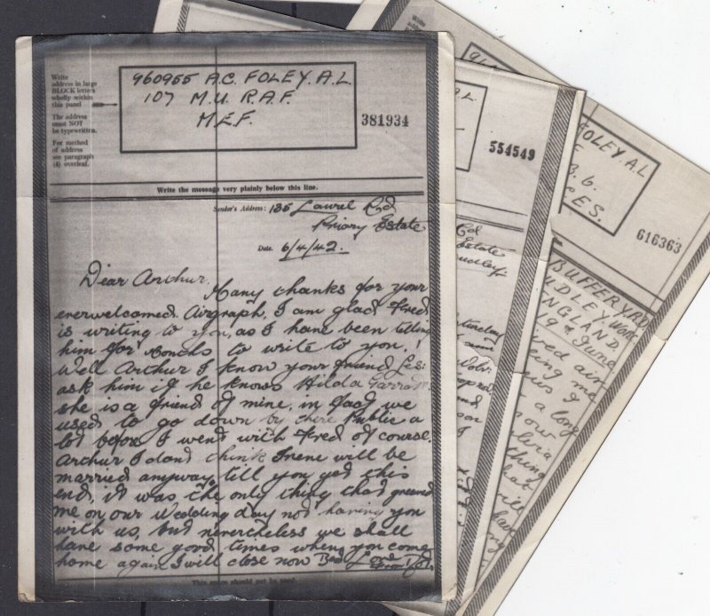 MEF 1942 Airgraphs x 3 To Dudley Worcs Postal History BP3512