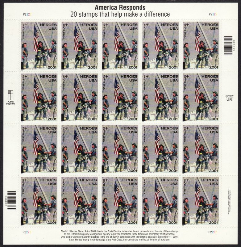 2002 U.S 34¢ + 11¢ semi postal Hereos of 2001 New York (911) MNH Sc# B2