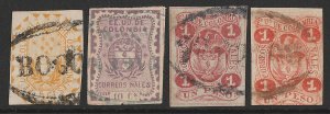 COLOMBIA : 1866 Arms 5c orange, 10c lilac, 1P carmine & 1P vermilion.