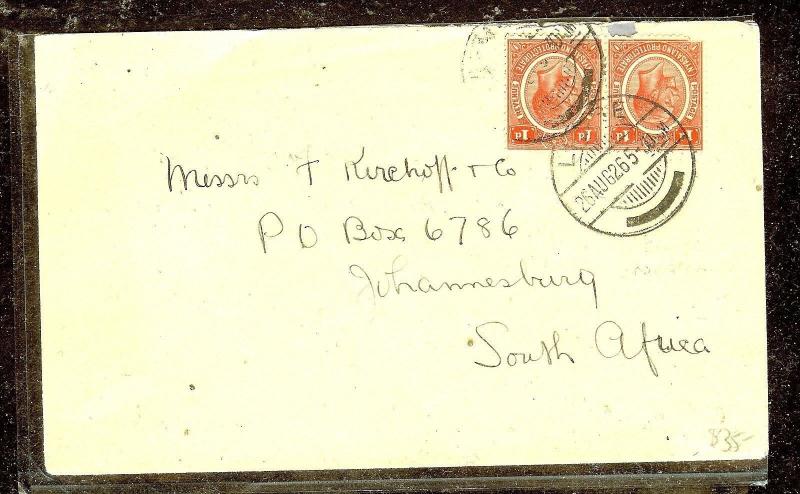 NYASALAND (P1210B) KGV 1D PR ON COVER 1926 LIMBE TO SOUTH AFRICA