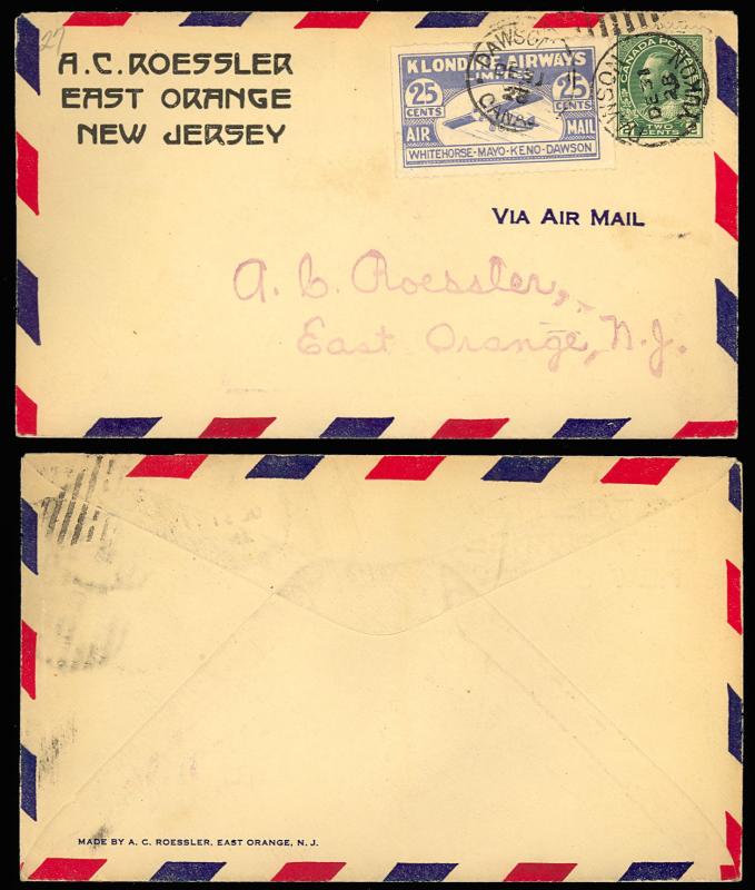 Canada CL45 Dawson to East Orange, NJ Roessler Semi-official Cover  Stuart Katz