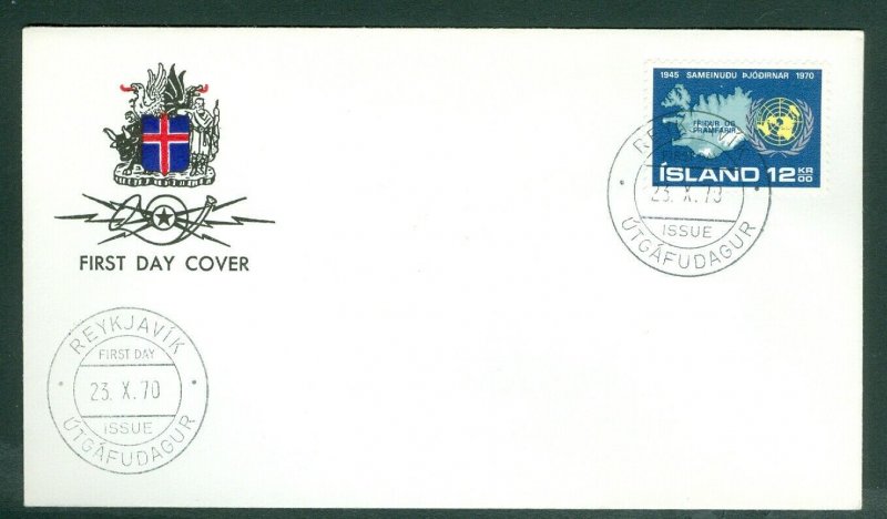 Iceland. FDC Cachet 1970. UN Logo + Map Iceland. Scott # 427