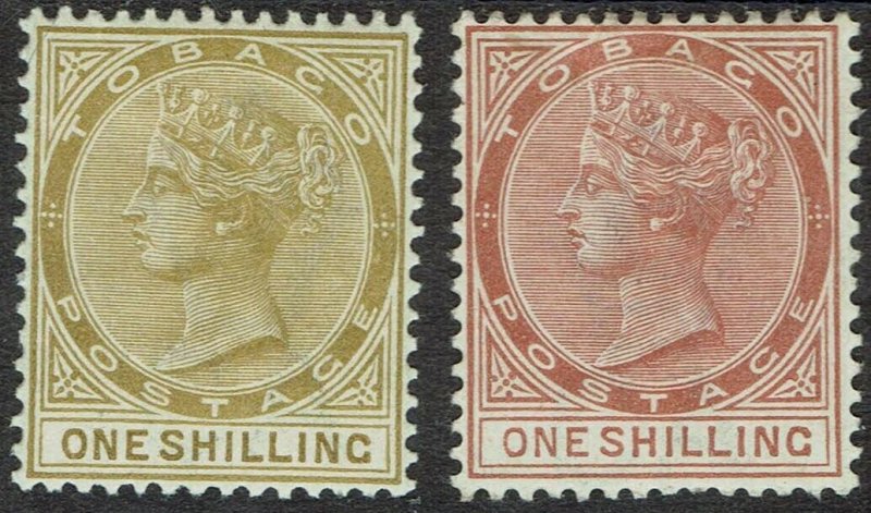 TOBAGO 1885 QV 1/- BOTH COLOURS  WMK CROWN CA 