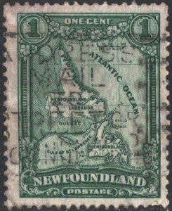 Newfoundland SC#145 1¢ Map of Newfoundland and Labrador (1928) Used