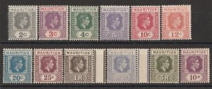 MAURITIUS 1938 KGVI set 2c-10R, 25c-10R on chalk surfaced paper. MNH **.