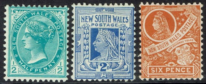 NEW SOUTH WALES 1905 QV 1/2D 2D AND 6D WMK CROWN/A  