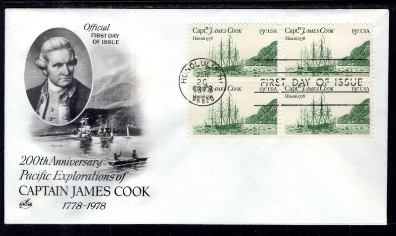 US 1733 Captain Cook Block of Four Artcraft U/A FDC