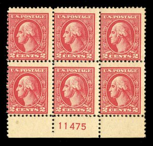 United States, 1910-30 #528 Cat$100, 1920 2c carmine, plate block of six, lig...