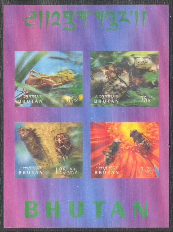 BHUTAN, INSECTS 2 SOUVENIR SHEETS 3-D, NEVER HINGED 	