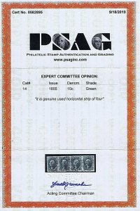 SC# 14 USED HORIZON STRIP OF 4 1855 GRID CANCELS 2019 PSAG CERT, DON'T MISS OUT!