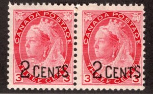 Scott 88, 2c on 3c carmine, Pair, F, MNHOG, Provisional Issues, 1899, Canada Pos