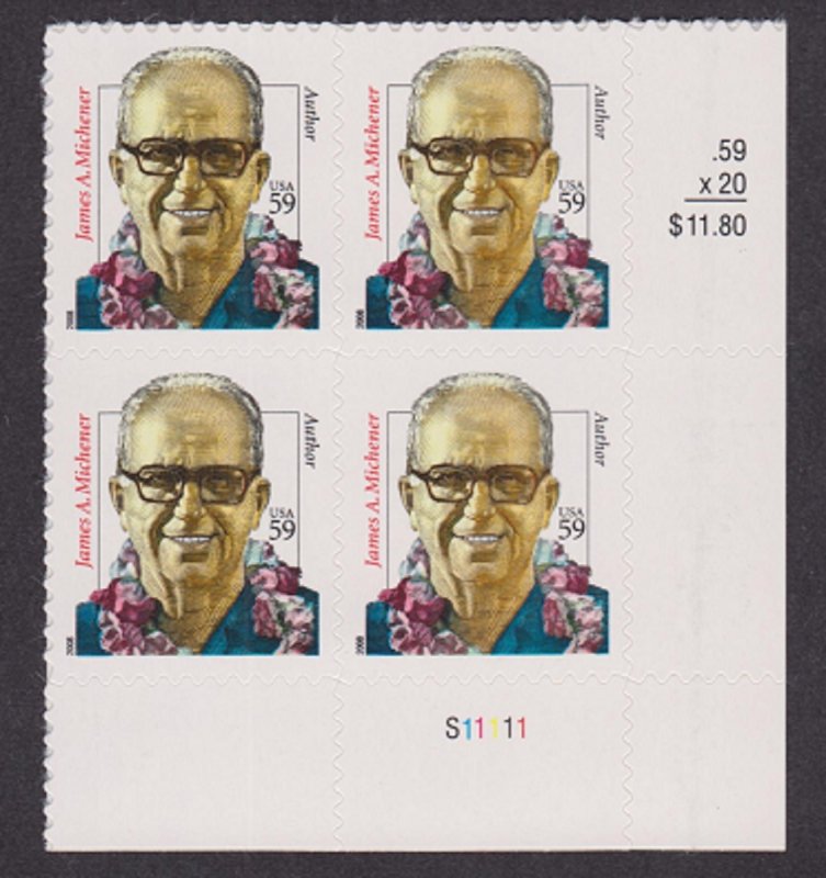 3427A James Mitchner MNH Plate Block S11111 LR