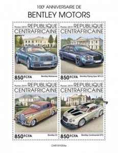 Central Africa - 2019 Bentley Motors Cars - 4 Stamp Sheet - CA191004a