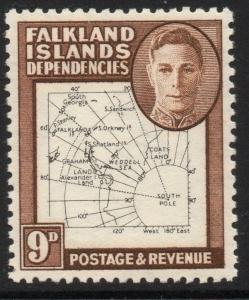 FALKLAND IS.DEP. SGG15 1948 9d BLACK & BROWN THIN MAPS MTD MINT