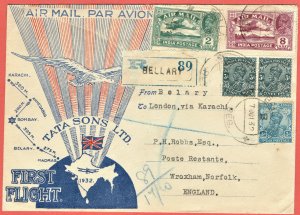 [st3040] 1932 Bellary India Airmail First Flight cover to England Tata Airways