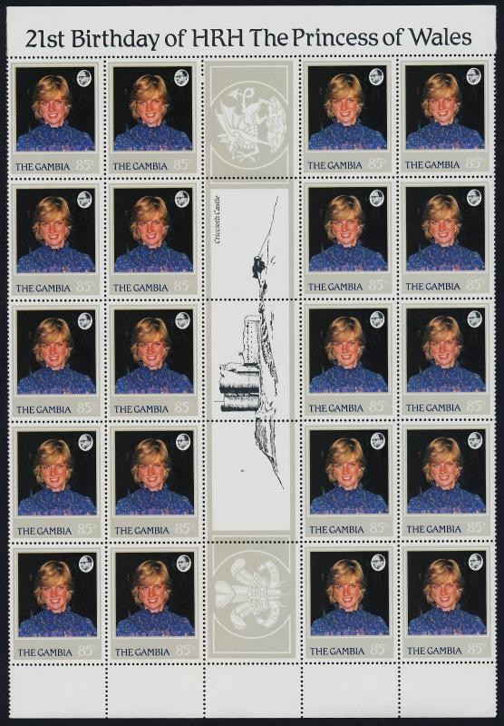 Gambia 447-50 Gutter strips of 20 MNH Princess Diana 21st Birthday, Crest