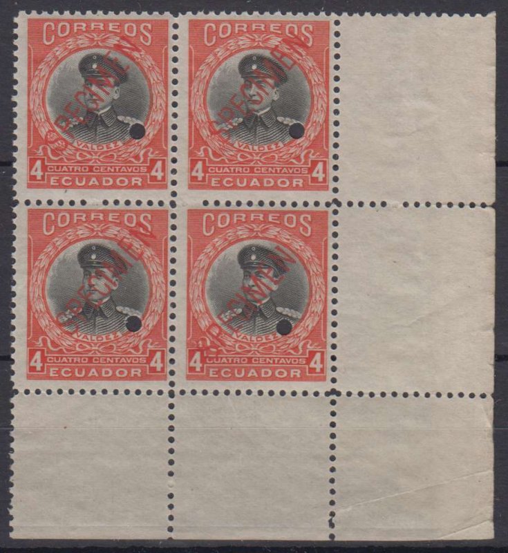 ECUADOR 1915-17 Sc 220 CORNER MARGINAL BLOCKx4 PERF PROOF + SPECIMEN MNH F,VF