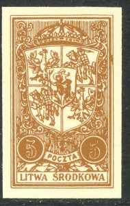 CENTRAL LITHUANIA 1921 5m COAT OF ARMS Imperf Pictorial Sc 39 PROOF